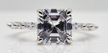 White Diamond Simulant, Rhodium Over Sterling Asscher Cut Ring