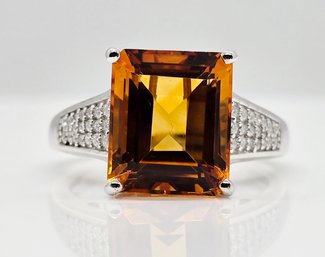 Madeira Citrine & Moissanite Ring In Rhodium Over Sterling
