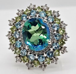 Peacock Quartz, Multi-Gemstone Peacock Ring In Rhodium Over Sterling