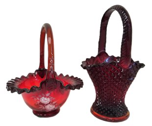 Vintage Fenton Ruby Red Hand Painted Glass Basket Signed & Westmoreland English Hobnail Ruby Red Basket