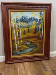 Beautiful Oil On Canvas Of Birch Trees Mountain Scene