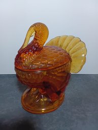 Vintage LE Smith Amber Glass Turkey Dish #21