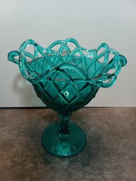 Vintage Fenton Blue Compote Lattice W/ Flowers #23