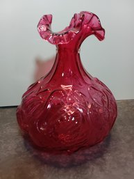 Vintage Fenton Cranberry Swan & Cattail Ruffled Top Vase #32