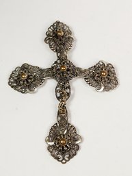 Antique HUGE Detailed Silver Plate Filigree Cross Pendant With Gold Accents Made In West Germany