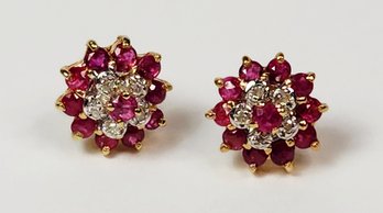 14k Yellow Gold Diamond And RUBY Studded Cluster  Earrings