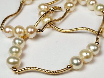 UNiQUE  Elegant 14k Yellow Gold Station Link  Pearl Necklace