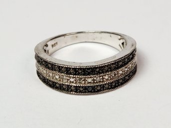 Modern Sterling Silver Black And White Diamond   Studded Band Ring