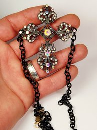 Vintage Rhinestone Dark Metal Large Cross Pendant Necklace