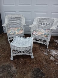 Vintage Sturdy Wicker Side Chairs & Ottoman