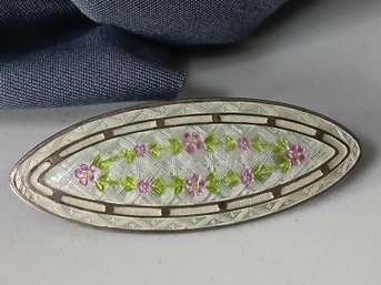 Vintage Sterling Silver Guilloche Enameled Floral Brooch #52