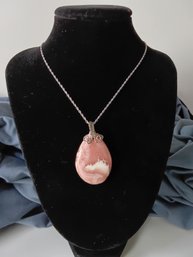 Stainless Steel Rhodochrosite Cabochon Pendant Necklace #84