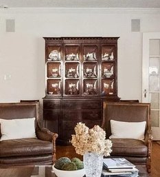 Vintage Breakfront China Cabinet & Secretary Desk With Convex Glass
