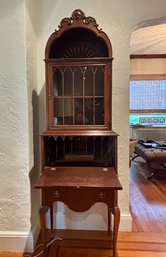 Carved Mahogany Secretary Desk With Bonnet Top And Glass Hutch
