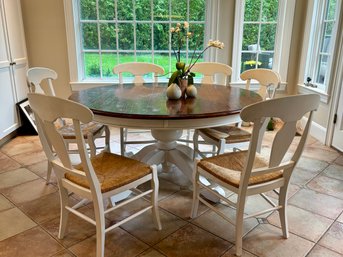Classic 60' Round Farmhouse Pedestal Table With 6 Woven Rush Chairs