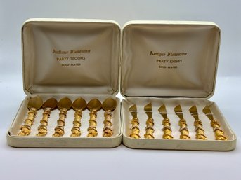 Antique Florentine Gold-Plated Party Spoons & Knives  12-Piece Set In Original Boxes