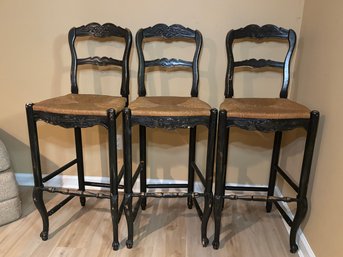 Set Of 3 Vintage Black Ladder-Back Bar Stools With Rush Seats