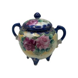 Roses & Cobalt: Hand-Painted Nippon Moriage Sugar Bowl On Three Feet