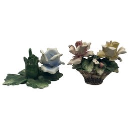 Pair Of Porcelain Capodimante Floral Figurines:  Blooming Flowers & Basket Arrangement
