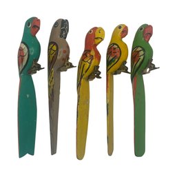 Clip-On Parrot Party: Hand-Painted Wooden Bird Clips (Set Of 5)