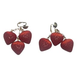 Bold Red Figural Triple Strawberry Dangle Earrings