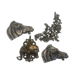 Bold Silver-Tone Figural Brooch Lot  Horses, Elephant & Floral Sculptural Pins (5 Pieces)