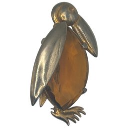 1940s Penguin Brooch: Faceted Amber Stone & Silver-Tone Figural Pin
