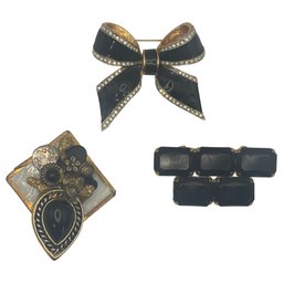 Cohesive Trio Of Black And Gold-tone Brooches