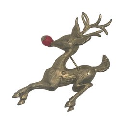 Delightful Gold-Tone Figural Leaping Reindeer Pin With Red Nose