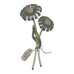 BSK Floral Brooch: Mid-Century Enamel Flowers With Rhinestone Centers