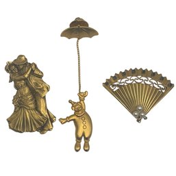 Signed Figural Brooch Trio: JJ Clown, MFA Dancers & Pearl Fan Pin