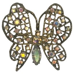 Elegant Openwork Butterfly Brooch: Iridescent Rhinestones & Filigree Wings