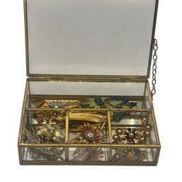 Mid Century Jewelry Box & Floral Brooch Collection: 8 Statement Floral Pins