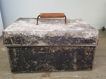 Antique Galvanized Metal Toolbox Or Strongbox Heavily Patinated With Wood Handle