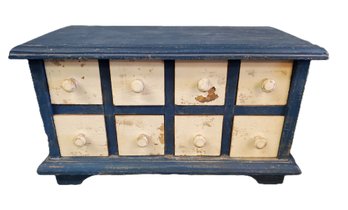 Small Vintage Painted Wood Blue & White Jewelry Trinket Tea Caddy Box W/ Eight Small Drawers