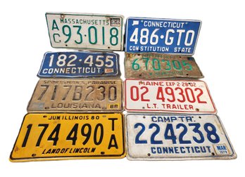 Eight Vintage Metal License Plates, Connecticut, New Hampshire, Louisiana, Illinois, Maine & Mass
