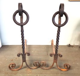 Pair Of Hand-forged Twisted Wrought Iron Fireplace Andirons / Firedogs