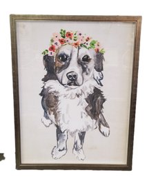 Framed Watercolor Or Mixed Media Print Of A Dog With Colorful Flower Wreath Crown