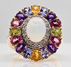 Ethiopian Welo Opal, Garnet, Diamond, Tanzanite, Amethyst & Peridot 18k Yellow Gold Over Sterling Ring