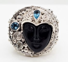 Sajen Silver, Rainbow Obsidian, Carved Multi-Gemstone Ring In Sterling