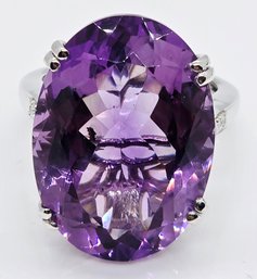Rose De France Amethyst, White Zircon Ring In Rhodium Over Sterling