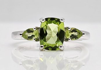 Green Peridot, Rhodium Over Sterling 3 Stone Ring