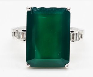 Green Onyx, Moissanite Ring In Rhodium Over Sterling