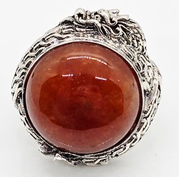 Bali, Red Jade Dragon Ring In Sterling