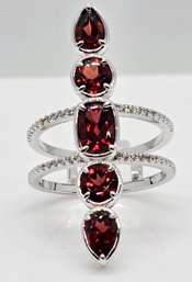 Red Garnet, White Zircon Elongated Ring In Rhodium Over Sterling