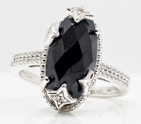 Black Spinel, White Zircon Celestial Ring In Rhodium Over Sterling