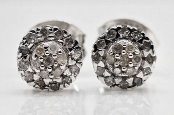 Diamond Flower Stud Earrings In Rhodium Over Sterling