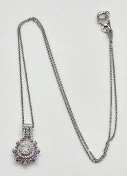 Moissanite, Pink Sapphire Sunburst Pendant Necklace In Rhodium Over Sterling