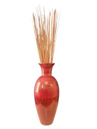 Tall Vietnamese Bamboo Vase In Red, With Reeds