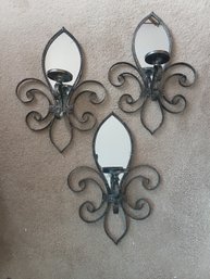 Large Lot Of 3 Large Mirrored Iron Sconces